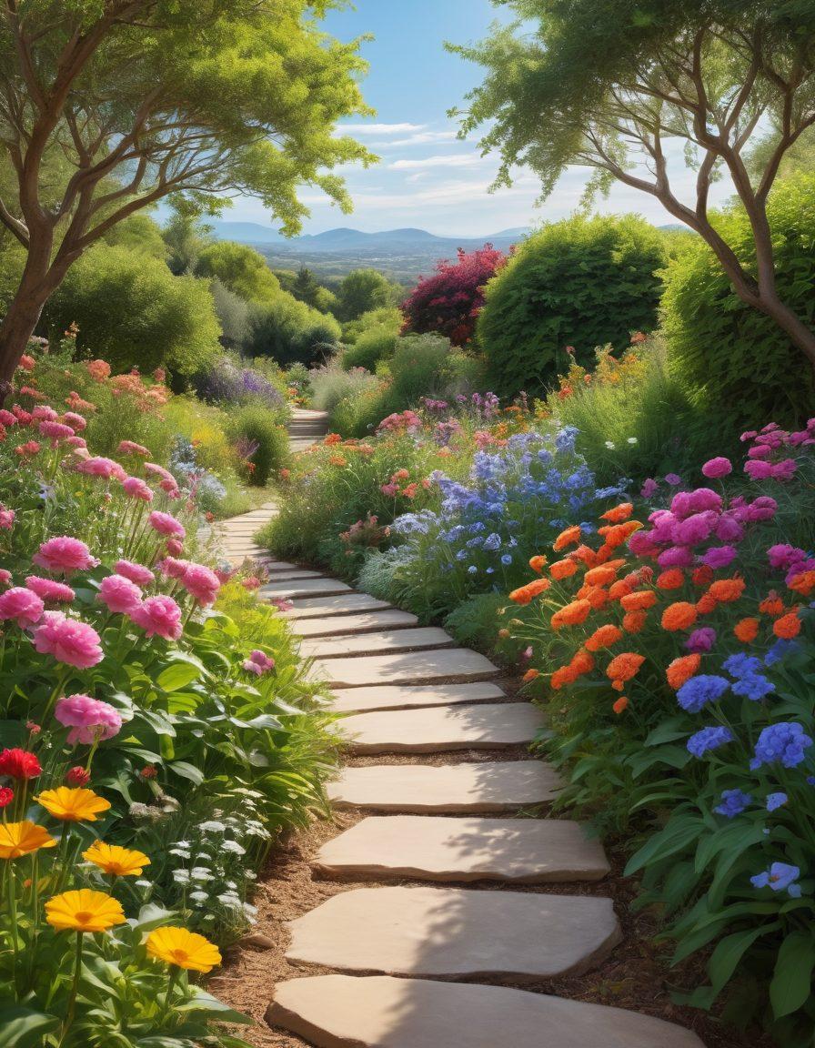 A serene landscape depicting a winding path through a lush garden symbolizing growth and healing, with vibrant flowers and a clear sky. Alongside the path, a diverse group of resilient cancer survivors, engaging in supportive conversation, radiating hope and empowerment. Incorporate elements of modern therapy, like a gentle yoga session happening in the background. The scene should evoke warmth, strength, and optimism. super-realistic. vibrant colors. natural light.