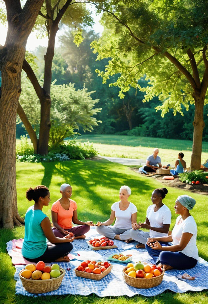 A serene landscape featuring a diverse group of cancer survivors enjoying a vibrant picnic, surrounded by healthy foods like fruits and vegetables, with sunlight filtering through green trees, symbolizing hope and wellness. Integrate elements of physical activity, such as yoga or walking paths in the background. The overall mood should be uplifting and empowering. hyper-realistic. vibrant colors. natural setting.