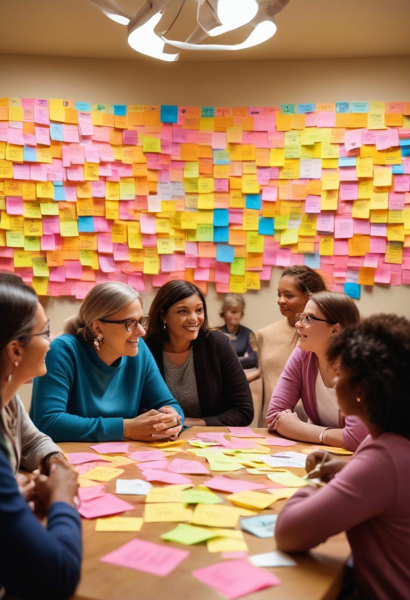 A diverse group of people in a warm, supportive setting, actively engaging in a discussion about oncology, surrounded by colorful post-it notes filled with motivational messages. In the background, images of cancer awareness ribbons and advocacy logos, symbolizing unity and hope. Soft, inviting lighting to create an atmosphere of compassion and resilience. super-realistic. vibrant colors. warm tones.